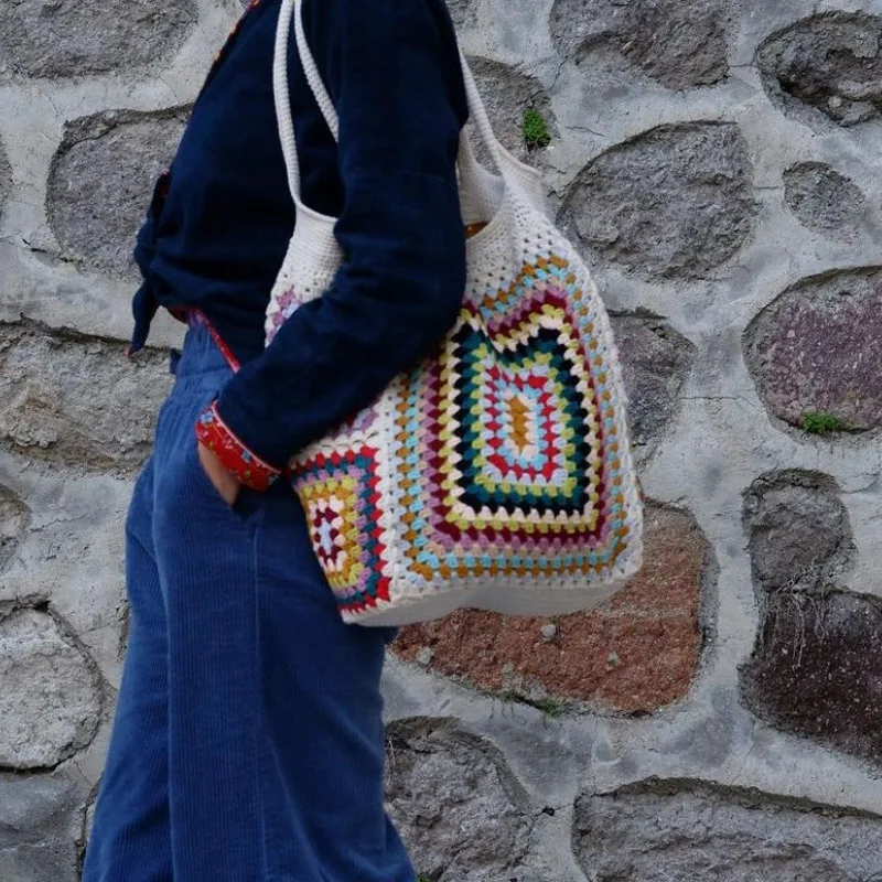 Colorful Big Shoulder Bags For Women Granny Square Crochet Black Navy Apricot Boho Handbags Cute Woven Purse For Summer Beach