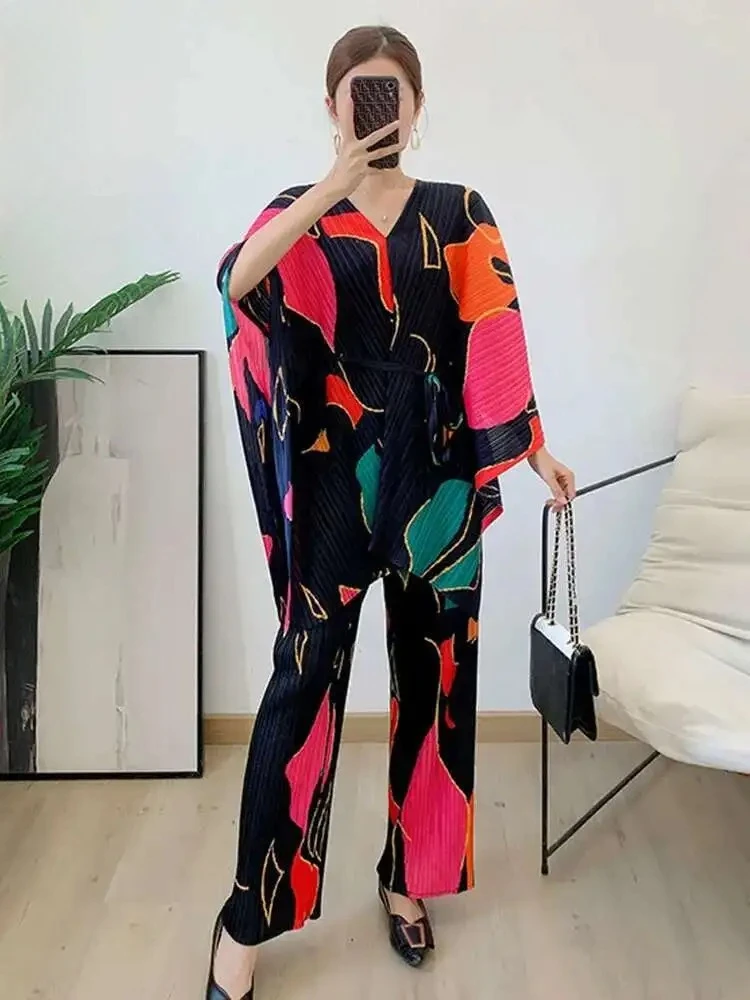 Miyake 2025 verão novo conjunto de duas peças feminino com decote em v solto batwing impressão topo com calças de perna larga roupas de moda feminina