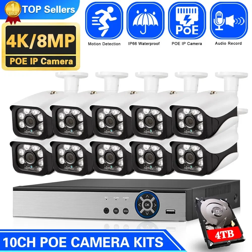 

4K 8CH POE NVR Security Camera System Kit Outdoor Metal Waterproof 8MP CCTV IP Bullet Camera Video Surveillance System Kit 10CH