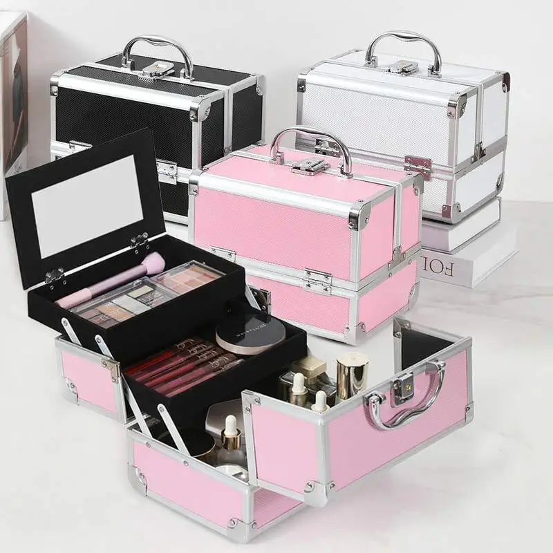 Professional Makeup Case With Mirror Large Capacity Aluminum Alloy Portable Multi-Layer Tool Box For Makeup Artists With Lock