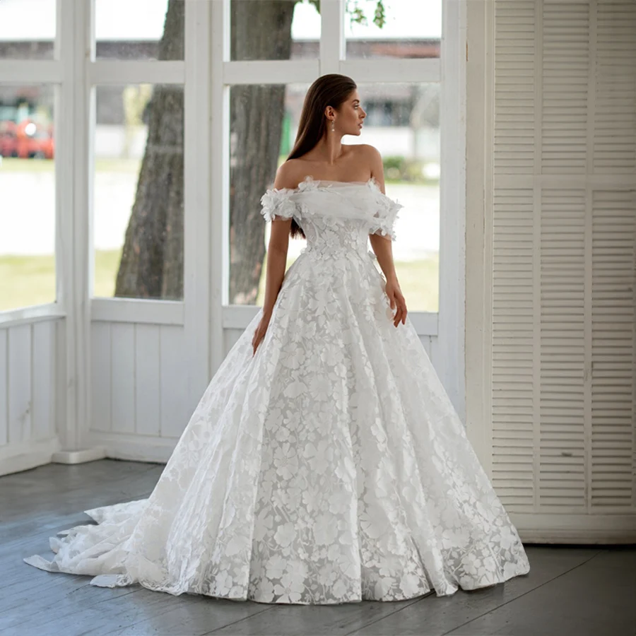 

Luxury Off-Shoulder 3D Flowers Lace Fabric Cap Sleeves Wedding Dresses Backless And Lace Up Bridal Ball Gowns