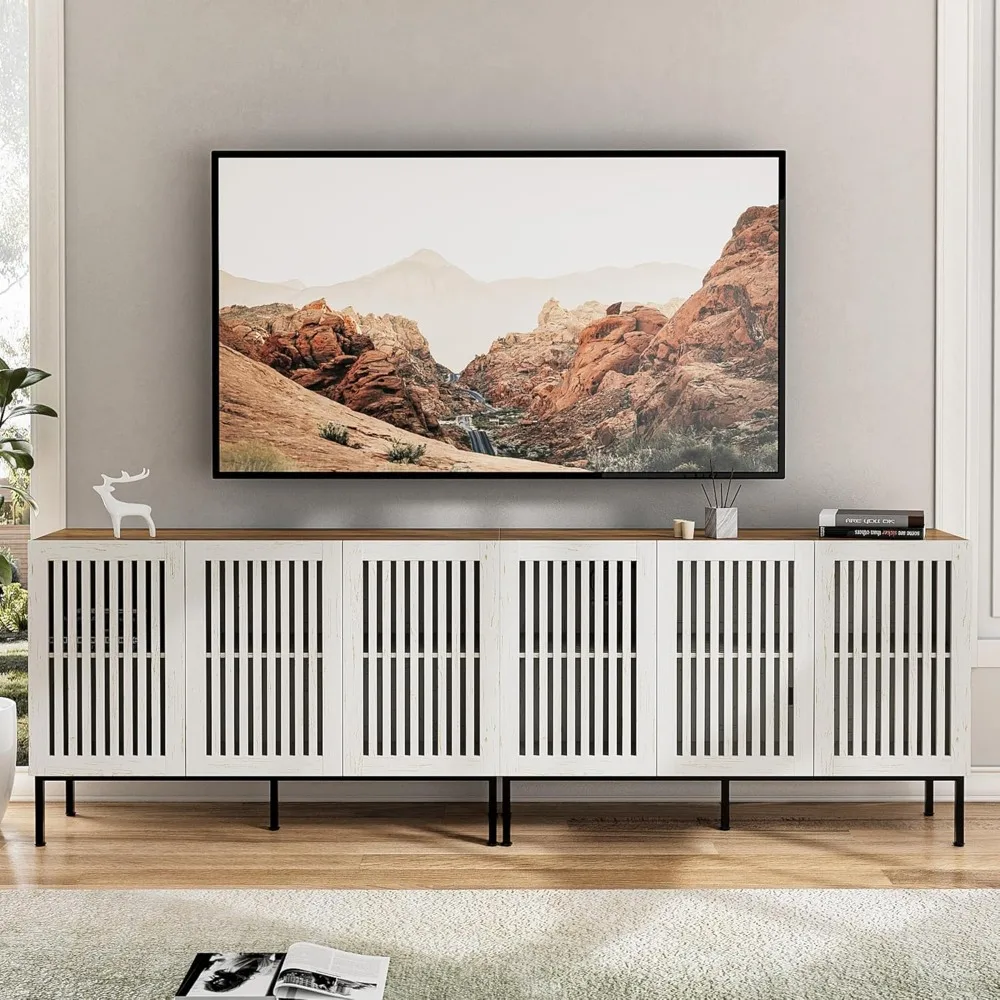 95-calowa szafka bufetowa z drzwiami z kratką, regulowanymi półkami i 6 drzwiami, kredens do przechowywania z metalową podstawą do kuchni