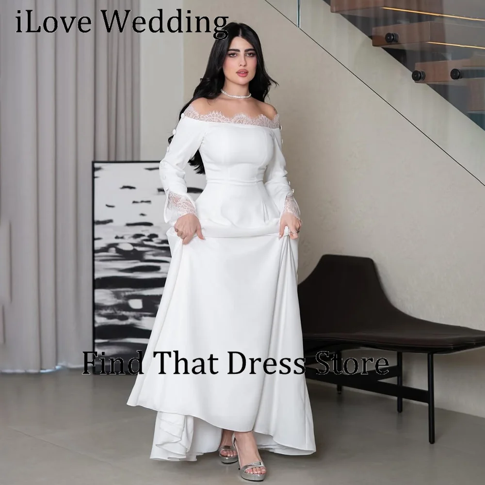 

Custom Made Elegant White Boat Collar Long Sleeve Evening Dress Lace Floor Length Saudi Party Dress for Women