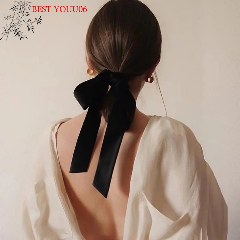 (YOUU06) Chouchou vintage en velours noir avec nœud pour femme et fille, long élastique pour cheveux, accessoire de coiffure féminin