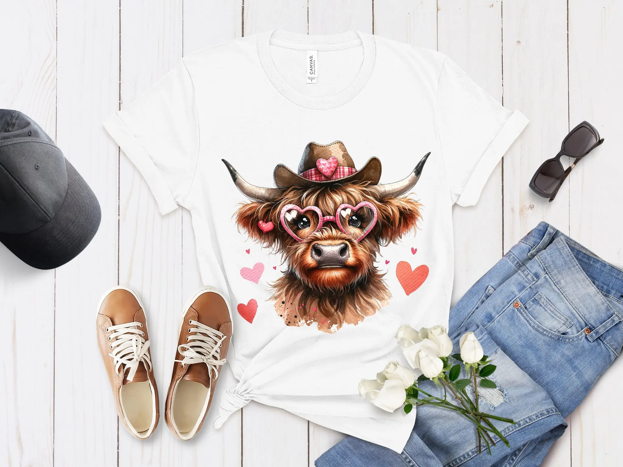 Unique Highland Farm Cow T Shirt with Cowboy Hat Heart Glasses Watercolor DTG Perfect Top Idea For Her Him