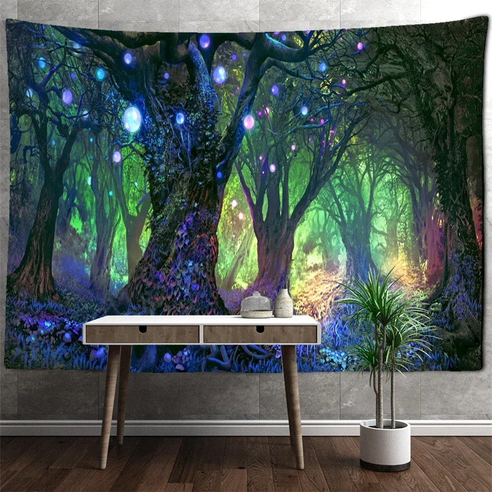 Fantasy Foggy Forest Tapestry Wall Hanging Psychedelic Witchcraft Mysterious Natural Scenery Home Living Room Decor