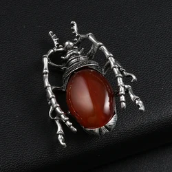 Natural Red Agate Alloy Insect Beetle Shaped Pendant Brooch Jewelry DIY Necklace Party Banquet Dress Suit Exquisite Accessories