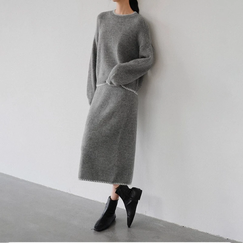 

Fashion Casual Suit 2025 Autumn and Winter Solid Color Lazy Wind Round Neck Contrast Knitted Sweater Skirt Women's Suit