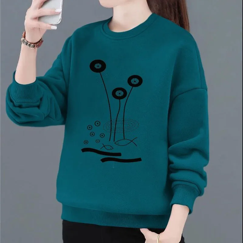 Autumn Winter Fashion Women\'s Thick Printed Round Neck Sweatshirts Casual Long Sleeve All-match Pullovers Tops Female Clothing