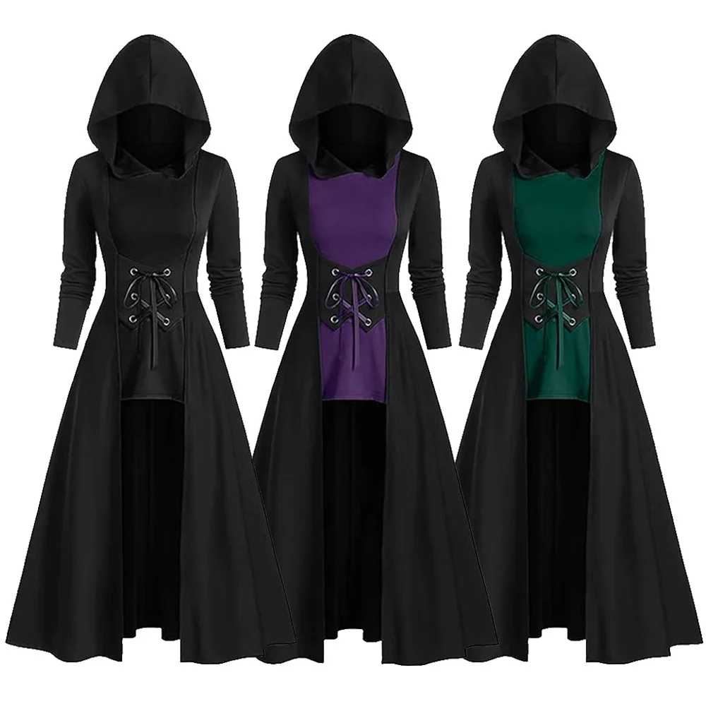 

Средневековое кружевное лоскутное длинное платье эпохи Возрождения с капюшоном для косплея на Хэллоуин и готический костюм