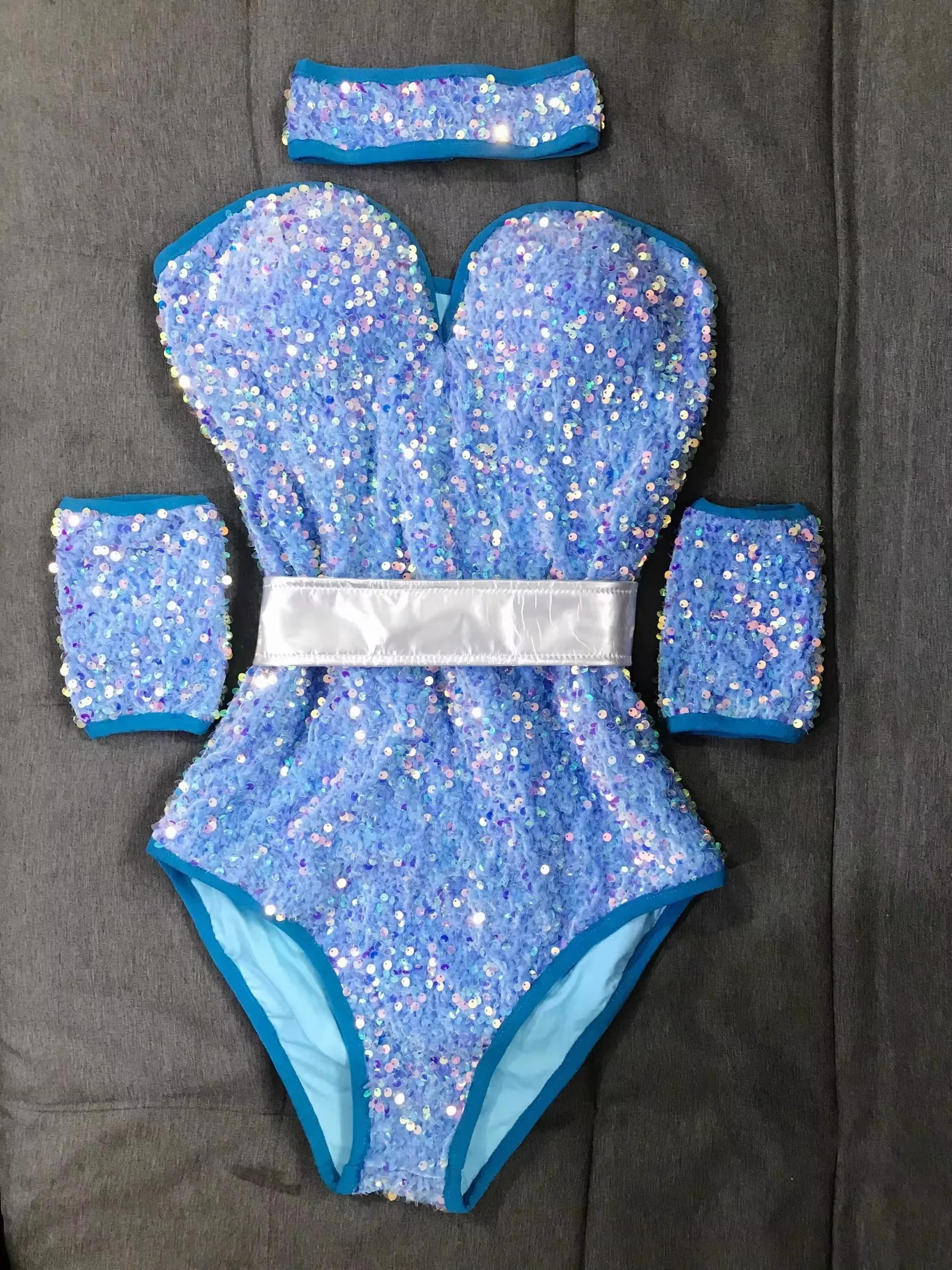 Sequins Bodysuit Stage Wear Bar Nightclub Sexy Blue Pink Velvet Women Dancer Singer Jazz Dance Costume Club Party Rave Outfit