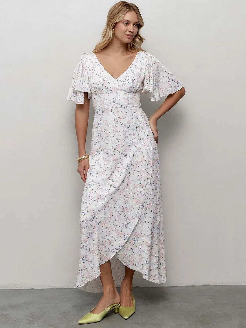

Oymimi Fashion White Print Womens Dresses Elegant Deep V-Neck Petal Sleeve Dresses Autumn High Waisted Ankle-Length Dress Fenale