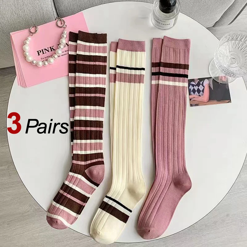 3 Paar gestreifte Kniestrümpfe für Damen, modisch, College-Stil, bequem, schweißabsorbierend, atmungsaktiv, für alle Jahreszeiten, lässige Socken