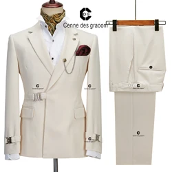 Cenne Des Graoom 2023 New Coat Design Dapper Style Metal Side Release Buckle Beige Men Suits 2 Pieces Set Dinner Wedding Party