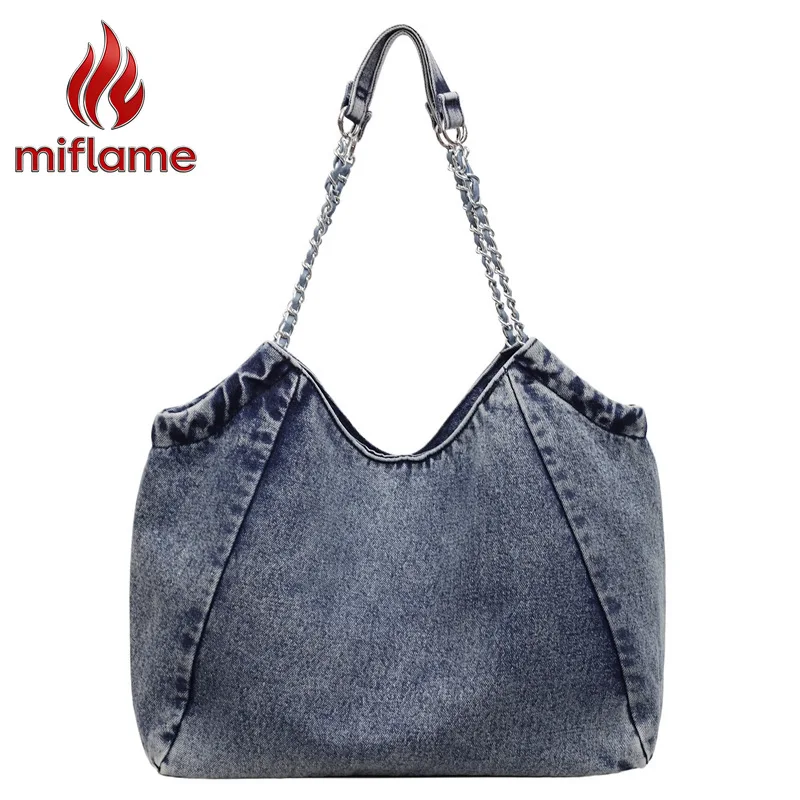 Women's East-West Vintage Denim Shoulder Tote Bag Large Capacity Underarm Work Travel Daily Commuter Durable Casual