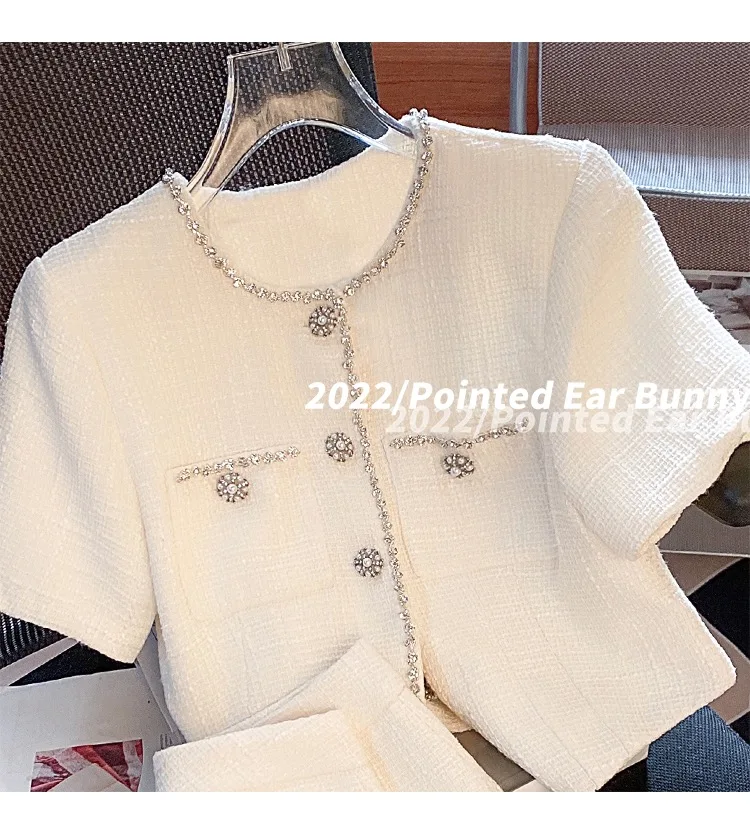 Women Vintage Sequin Fragrant White Suit Shirt Top And Skirt Two Piece Set Matching Outfit 2023 New Summer Formal Occasion Cloth