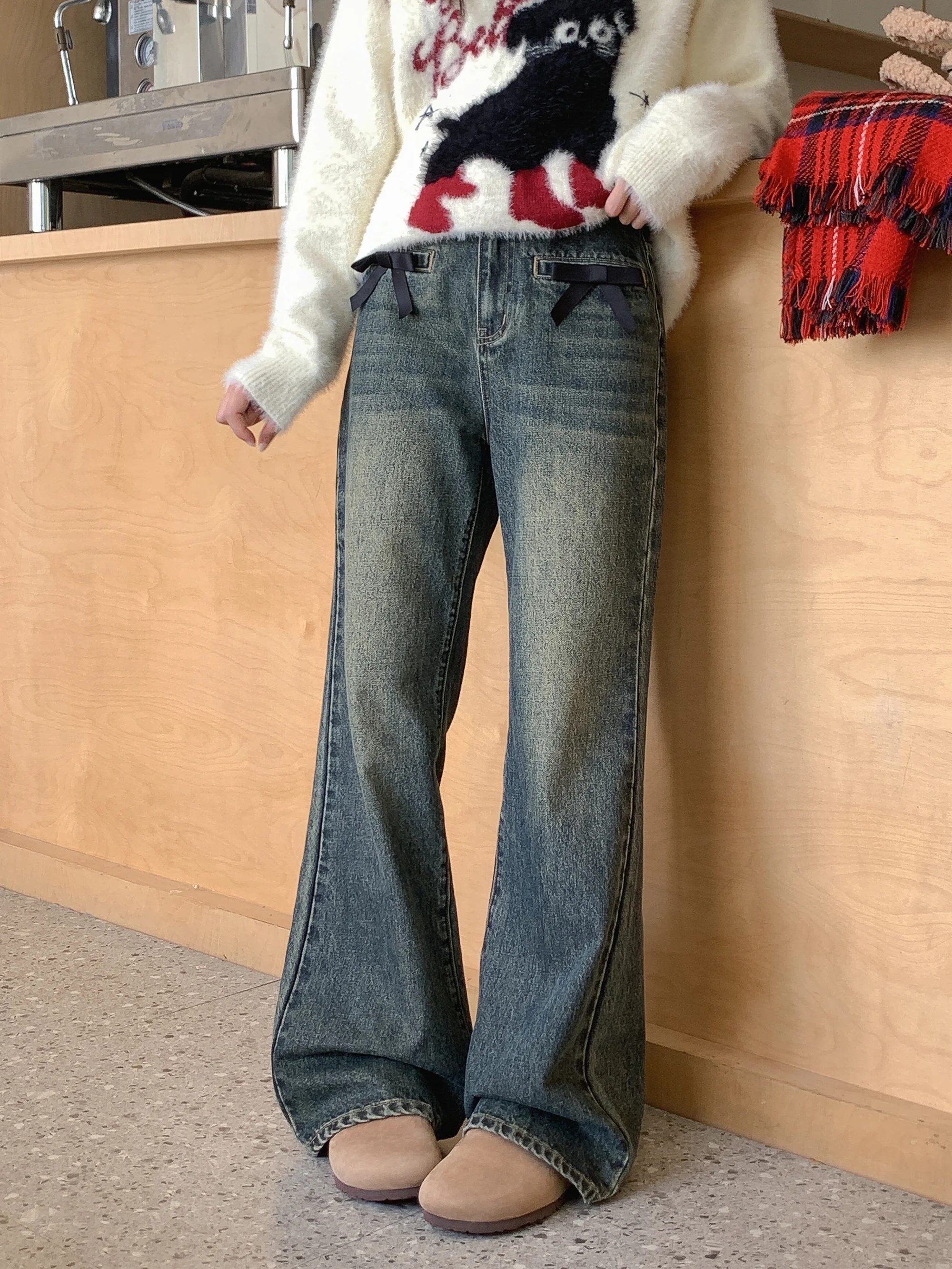 

Retro Blue Faded Bell Bot Jeans Women's Spring Autumn Cotton l Waist Pure Color Wear Resistant Bell Jeans