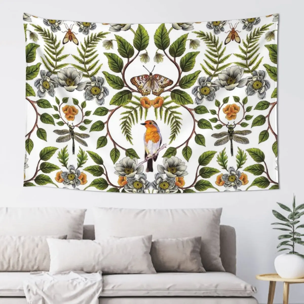

Spring Reflection - Floral/Botanical Pattern w/ Birds, Moths, Dragonflies & Flowers Tapestry Wall Decor Tapestry