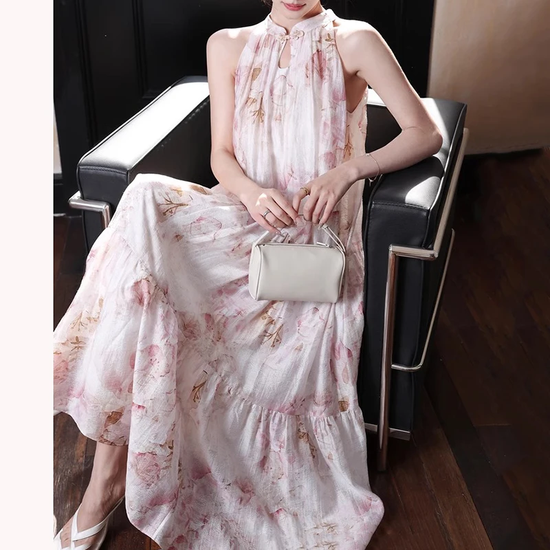 O-Neck Elegant Women Summer Loose Dress Vacation Pink Floral Fairy Lolita Dresses Popular Bow Long Grunge Sleeveless Robe 2024