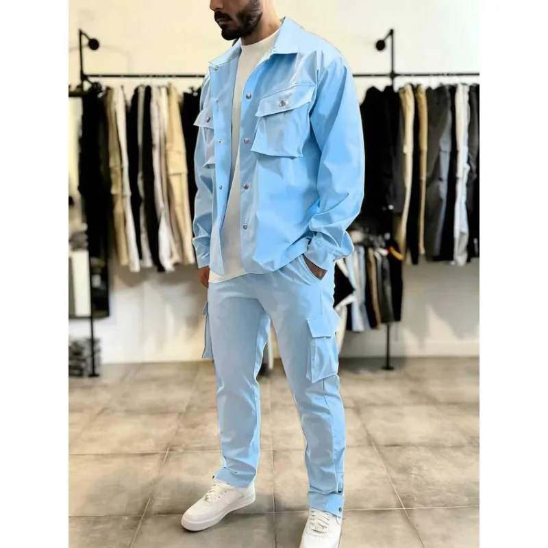 

Fashionable Men's Casual Workwear Multi-Pocket Long Sleeve Jacket Coat Pants Suit