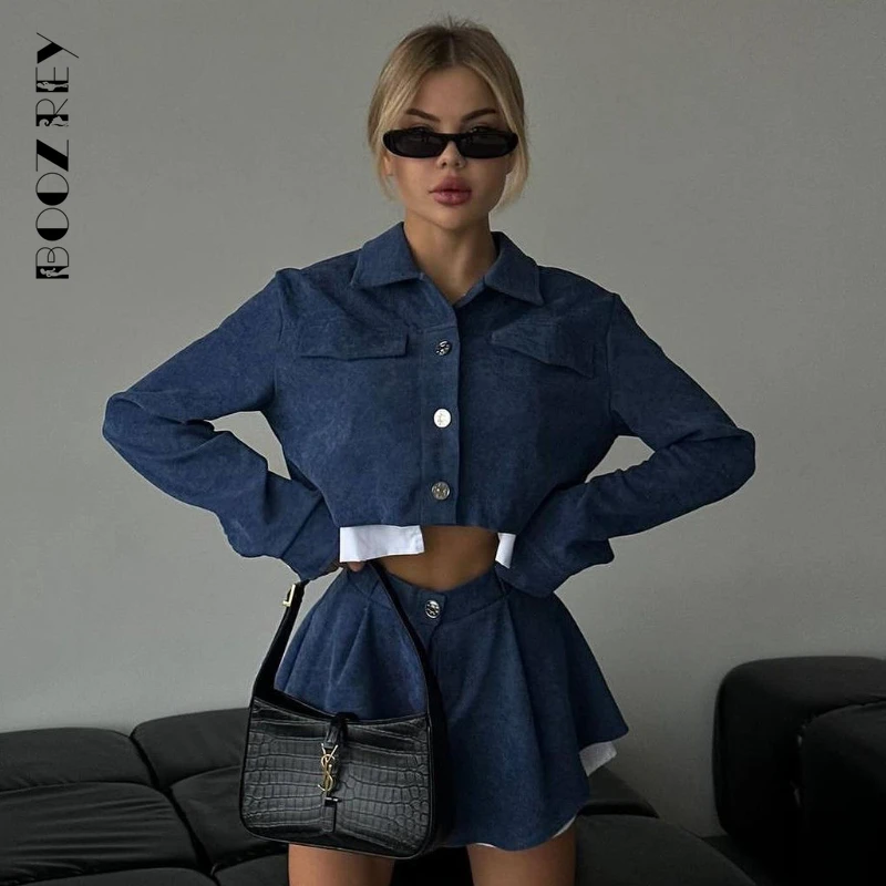 

BoozRey Vintage Button Blazer Two Piece Sets Turn-down Collar Blazers Tops and A-line Mini Skirts Femme High Street Y2K Outfits