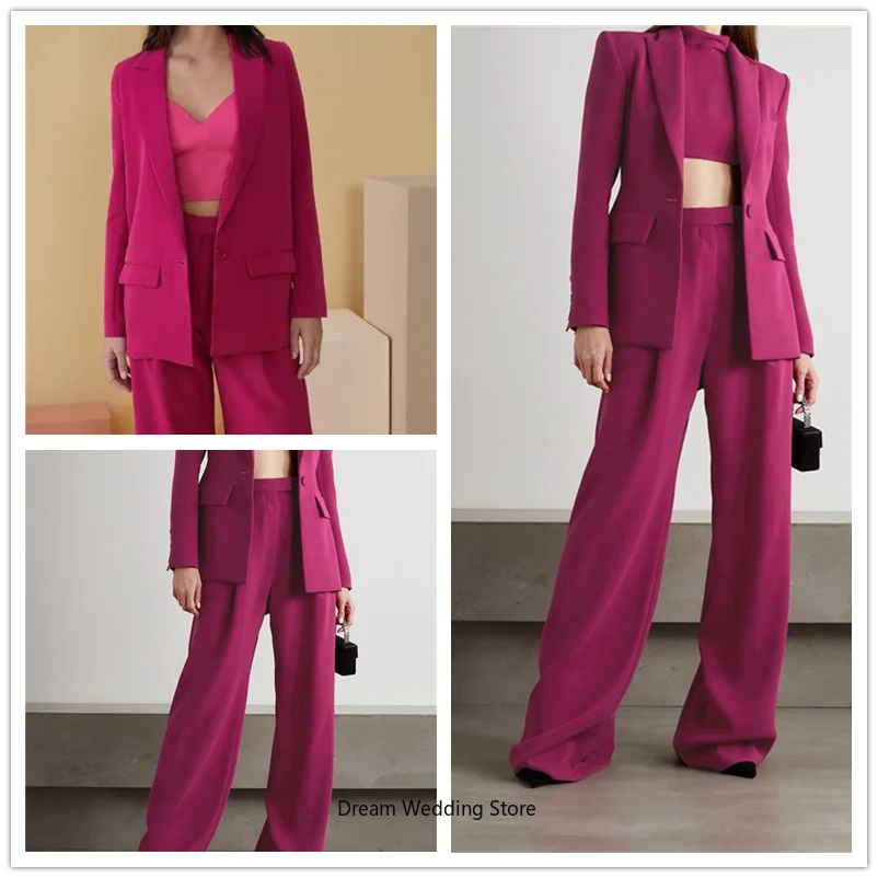 Rose Red Elegant Women Suits Office Set 2 Piece Blazer+Pants One Button Fashion Formal Prom Evening Dress Custom Made