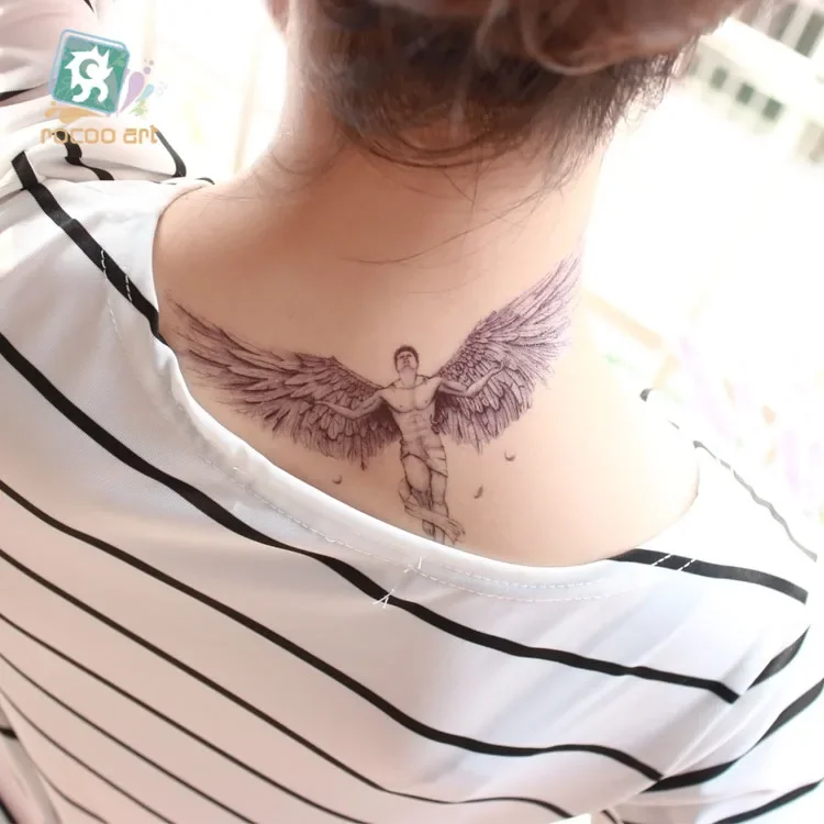 Rocooart Sketch Angel Fake Tattoo Cross Wings Large Taty Men Temporary Tattoo Sticker For Body Art Tatouage Temporaire Female