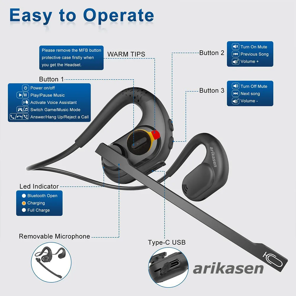 Open-Ear-Kopfhörer mit Mikrofon, Bluetooth-Headset mit KI-Geräuschunterdrückungsmikrofon, Bluetooth 5.4 Air Conduction-Kopfhörer – Detail 12