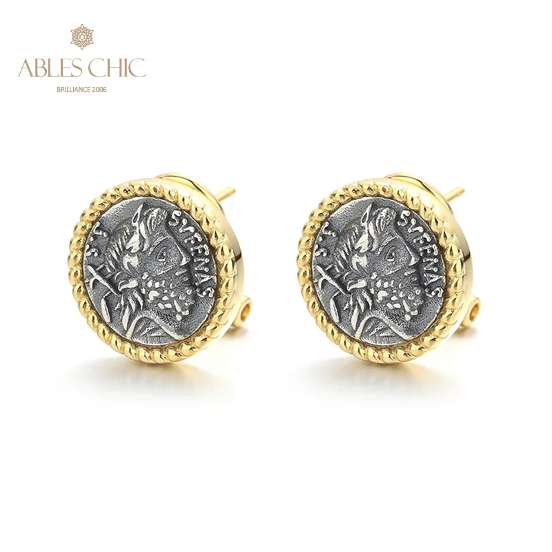 

Santu God of Agriculture Greek Coins 18K Gold Tone Solid 925 Silver Roman Coin Stud Earrings E1054