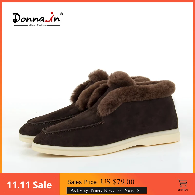 Donna-in Wool Fur Mocassin Shoes Women Natural Suede Flat Loafers Luxury Brand Slip-on Winter Boots Plus Size 41-42