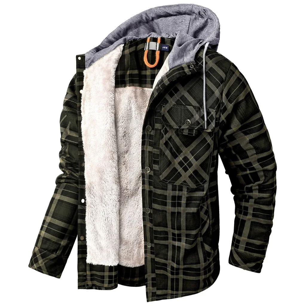 Winter Large Size Men\'s Shirt Jacket Cotton Coat  Men Long-sleeved Plush Thickened Keep Warm Hooded Plaid Shirts US Size 2XL