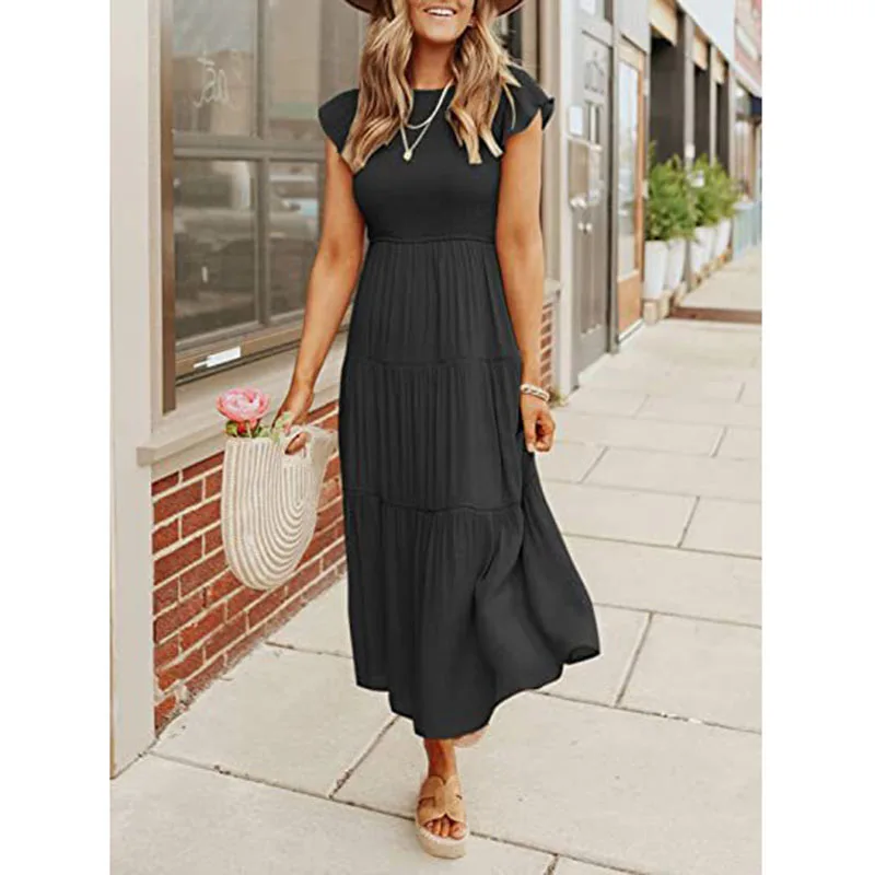 Elegant Flying Sleeve Women Long Dress Summer New Patchwork Party Round Neck A-Line Dresses Female Boho Holiday Beach Sundress