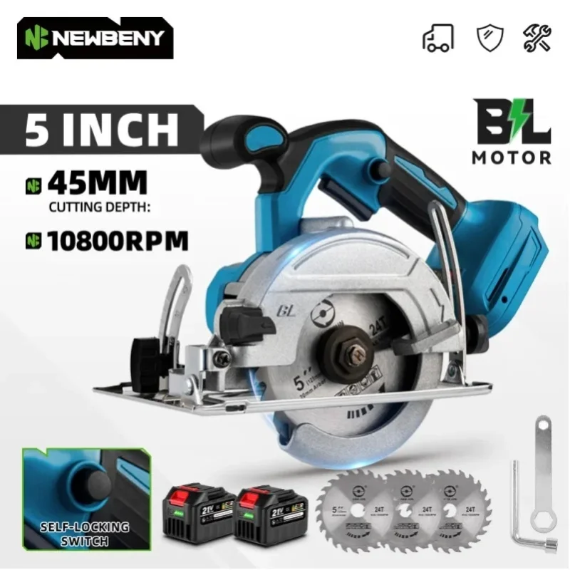 NEWBENY 5 Zoll 125MM Bürstenlose Kreissäge Kabellose Elektrosäge Multifunktionales Holzschneidewerkzeug für Makita Akku