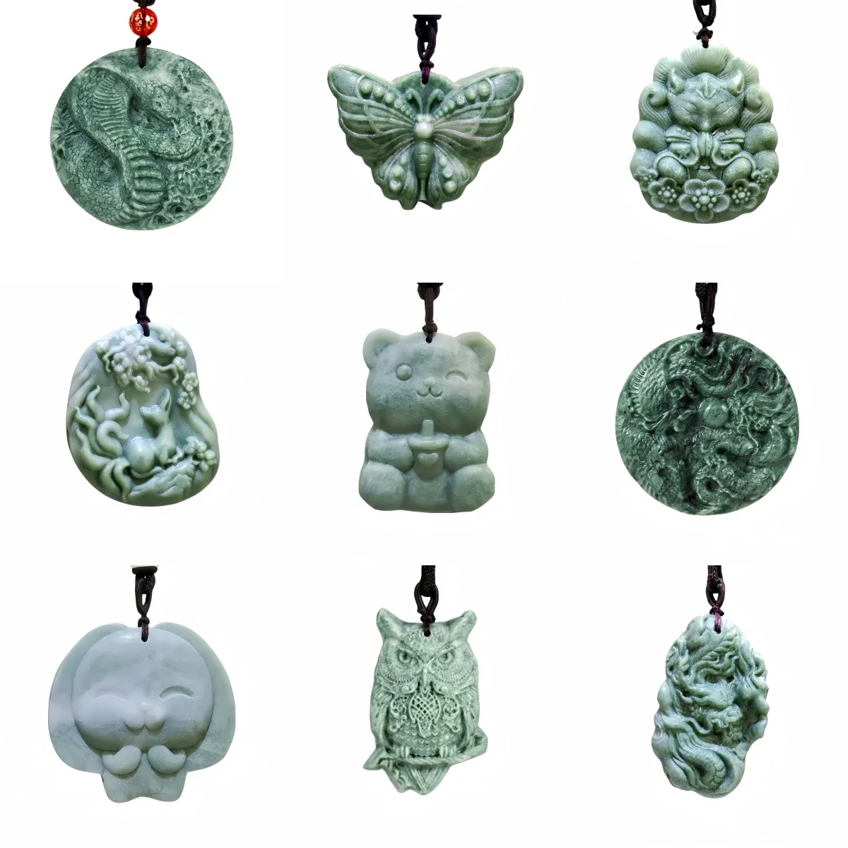 Ciemnozielony naturalny jadeitowy smok lis sowa naszyjnik prawdziwa biżuteria rzeźbiony kamień szlachetny moda urok Amulet prezenty dla kobiet mężczyzn
