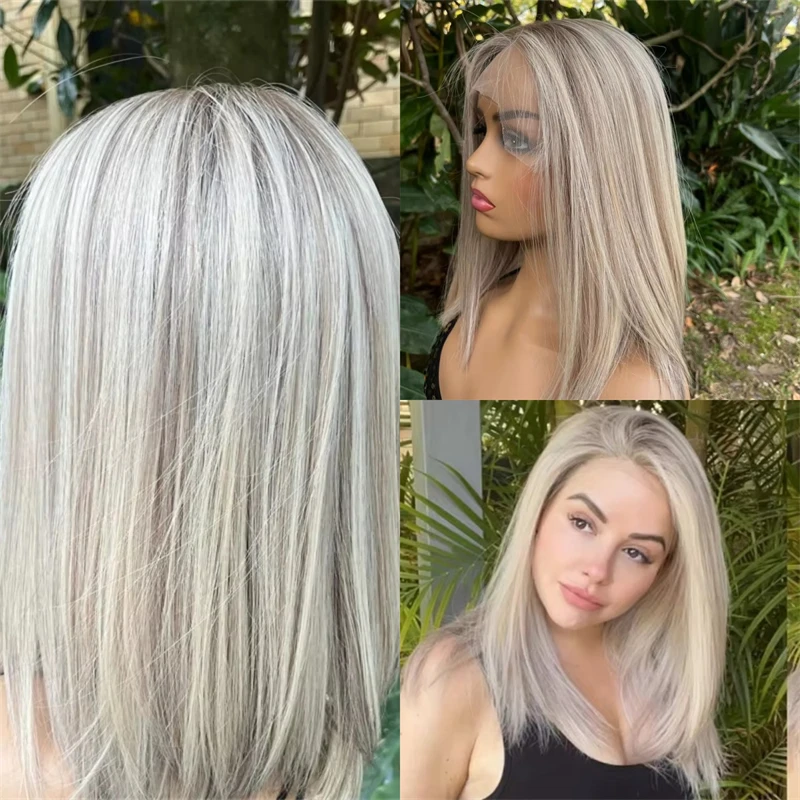 

Woman Wigs Short Straight Bob High Quality Ombre Ash Platinum Blonde Synthetic Lace Front Wig Preplucked Realistic Hairline 14''