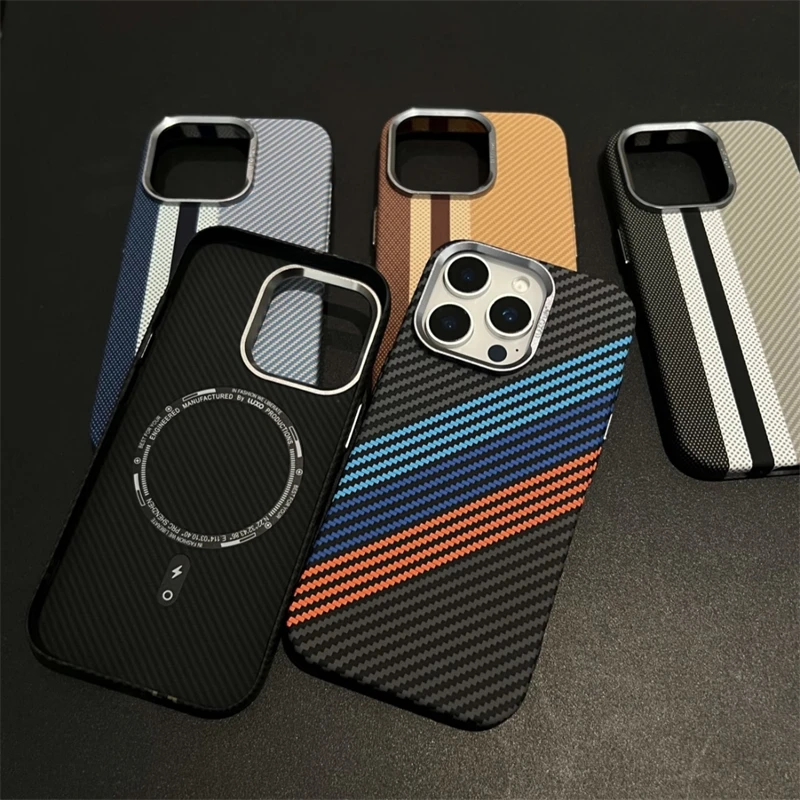 Ultra-Thin Carbon Fiber Texture Phone Case For iPhone 17 16 15 14 13 12 Pro Max MagSafe  Wireless Charging Alloy Lens Hard Cover