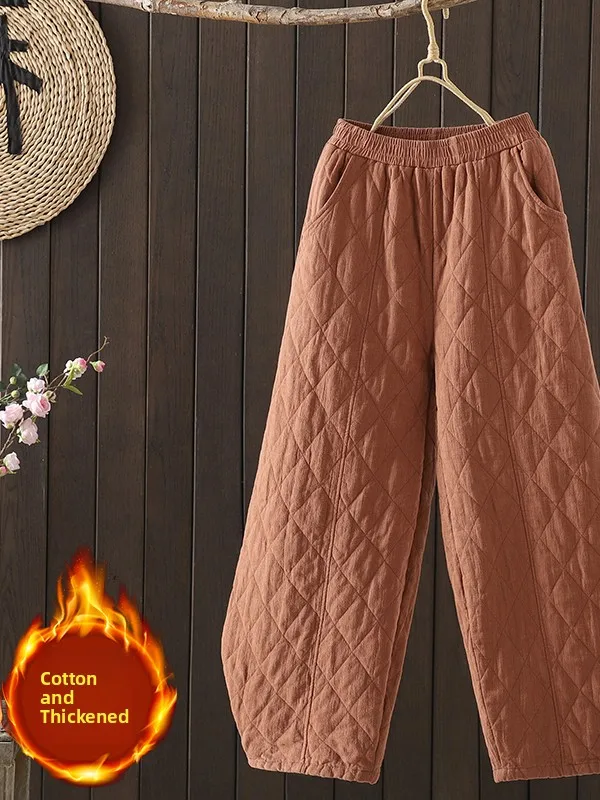 Thickened Cotton Pants for Women High Waist Straight Leg Winter Warm Lantern Pants Diamond Stitching Cotton Linen Trousers