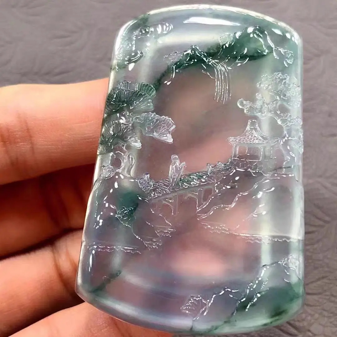 

Myanmar Laokeng jadeite landscape brand ice seed floating flower jade pendant no matter brand men's and women's quartzite pendan