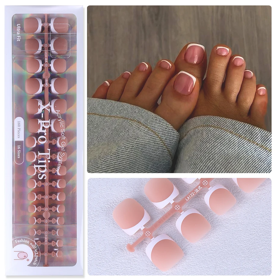 

160 шт., накладные ногти на ногах, розовые, французские, короткие, квадратные, с полным покрытием, натуральный искусственный акрил, искусственный пресс на ногтях для маникюрных салонов