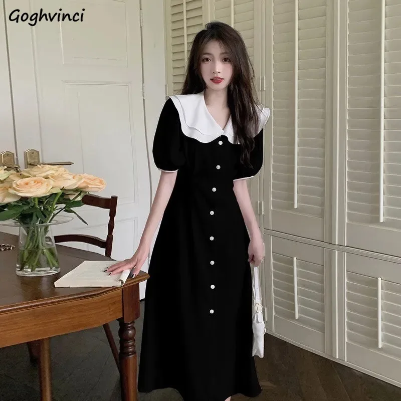 

Dresses Women French Temper Peter Pan Collar Mid-length Elegant Tender Chic Trendy Short-sleeved Vestidos Summer Popular Ins