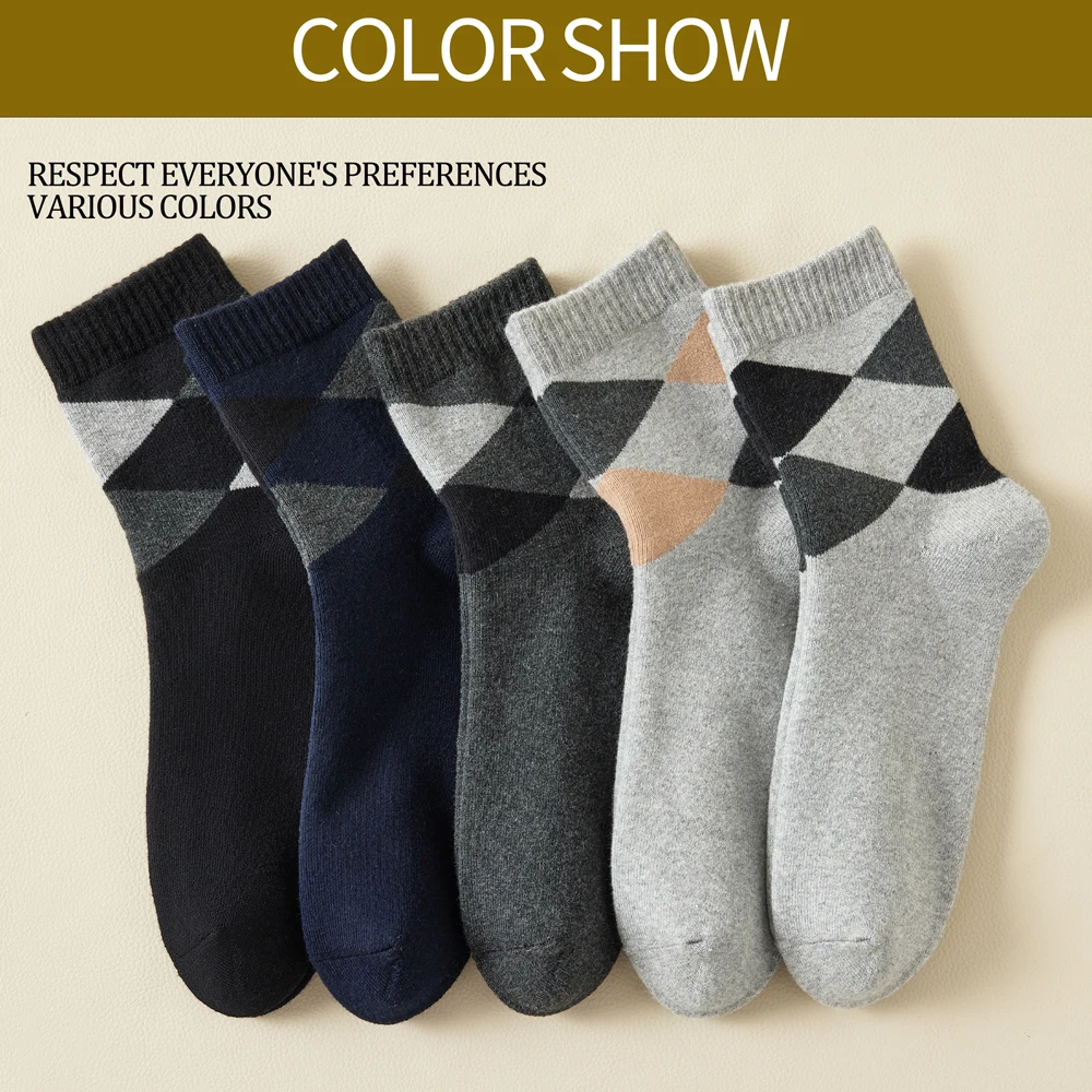 Meias masculinas retrô de algodão argyle, forradas de lã, sola felpuda, meias longas de algodão anti-odor, meias de cano médio para o calor do inverno