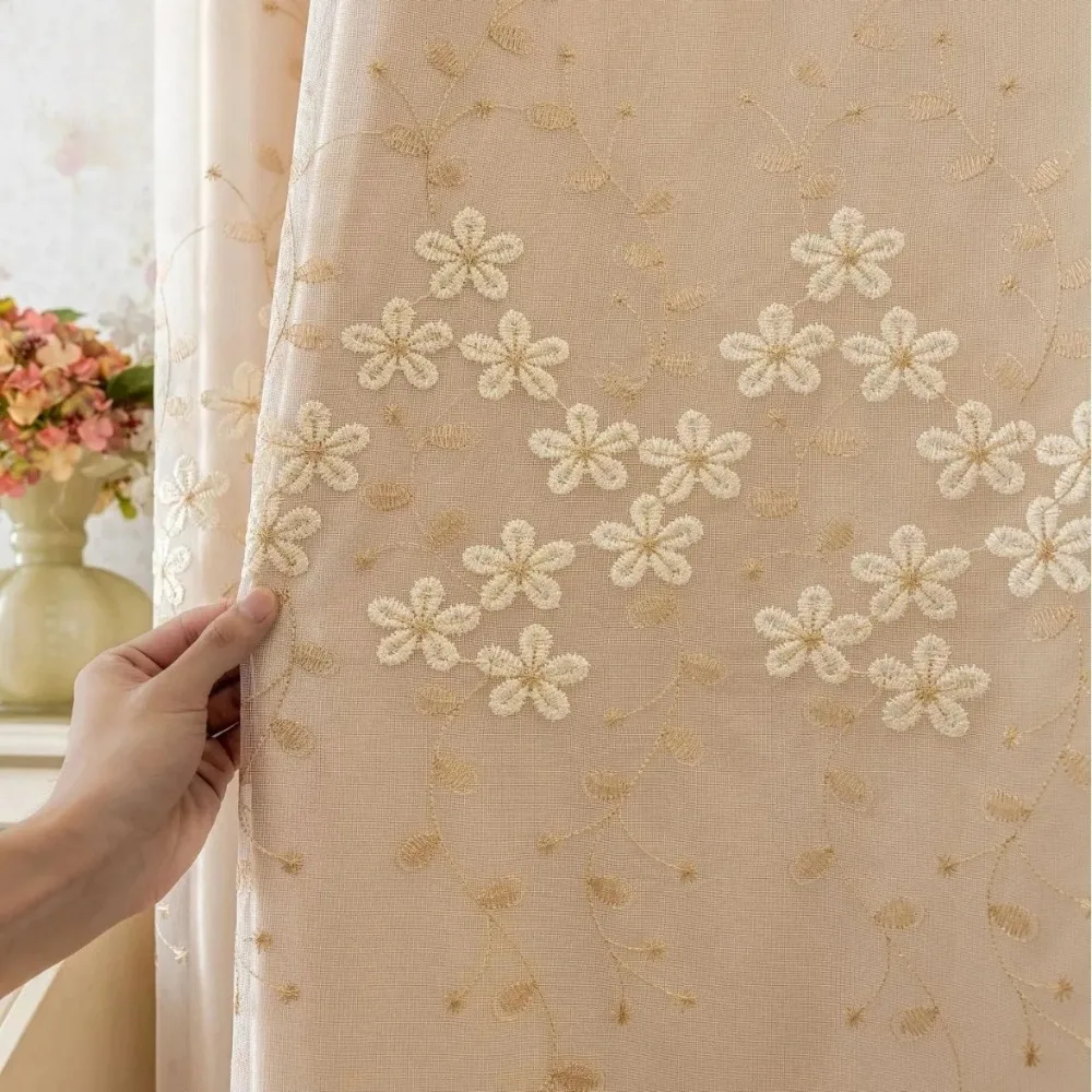 

Vintage Beige Embroidered Double Layer Curtains for Bedroom Living Room Korean Style Voile Blackout Drapes Romantic Home Decor