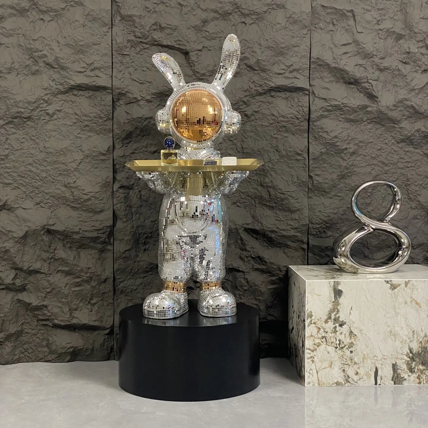 Large Floor Ornament of Space Rabbit Piggy Bank Beside Living Room TV Cabinet, Luxury Decorative Tray for Storage