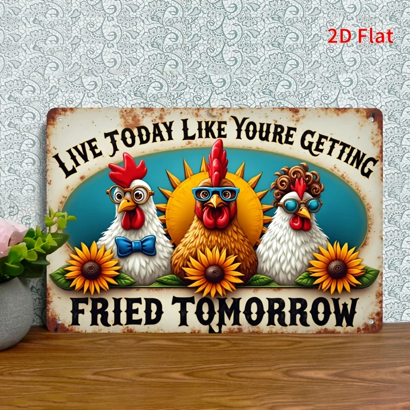 Vintage Farmhouse Rooster Metal Sign Live Like You'll Be Fried Tomorrow Funny Kitchen Wall Decor Cafe Bar Rustic Gift