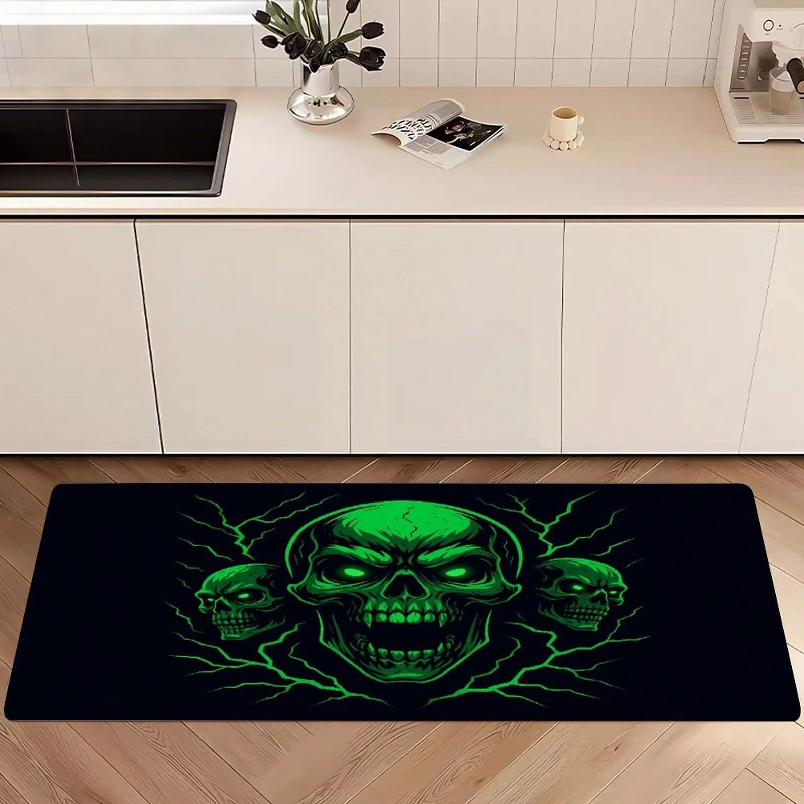 Neon Green Skull with Lightning Print Kitchen Mat, Non-Slip Washable Durable Runner Rug for Kitchen, Bathroom,Laundry Room Decor