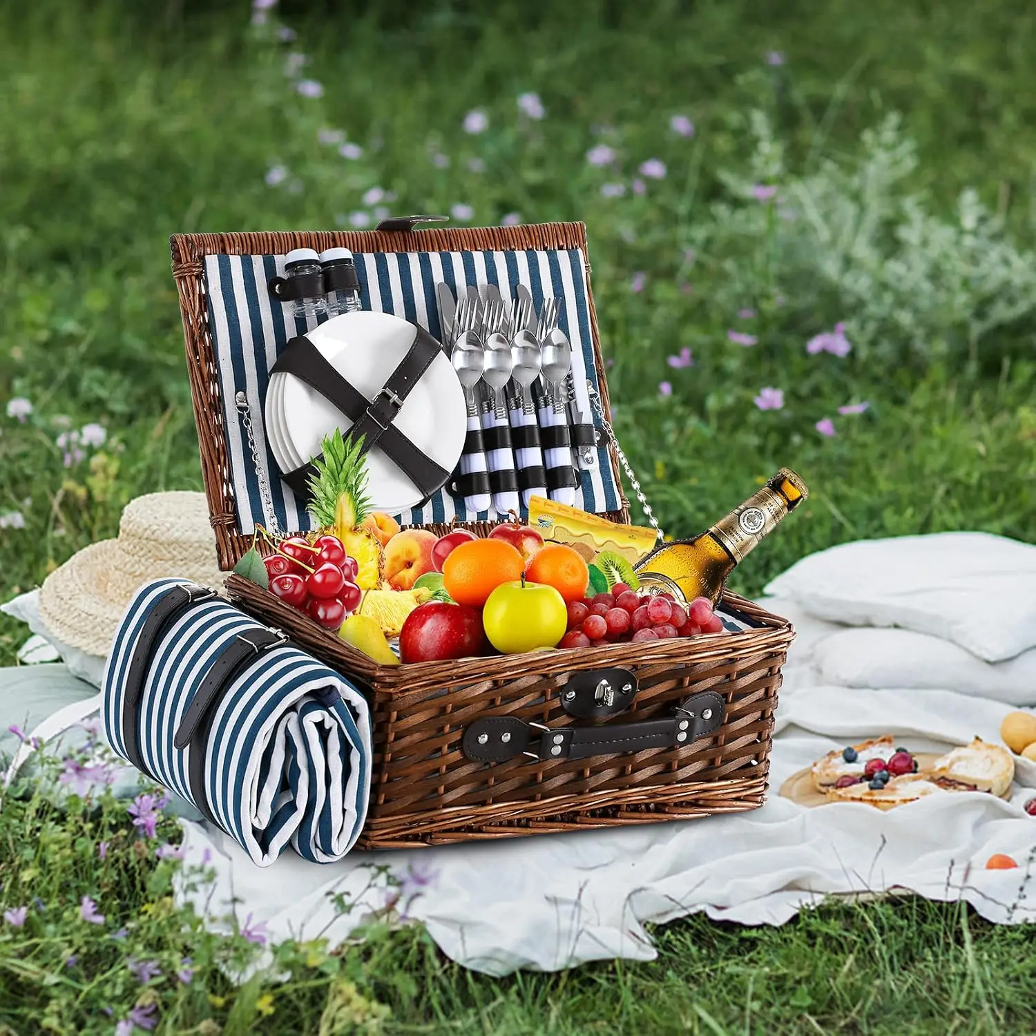 4-Person Picnic Basket with Waterproof Blanket, Blue and Gray Striped Pattern