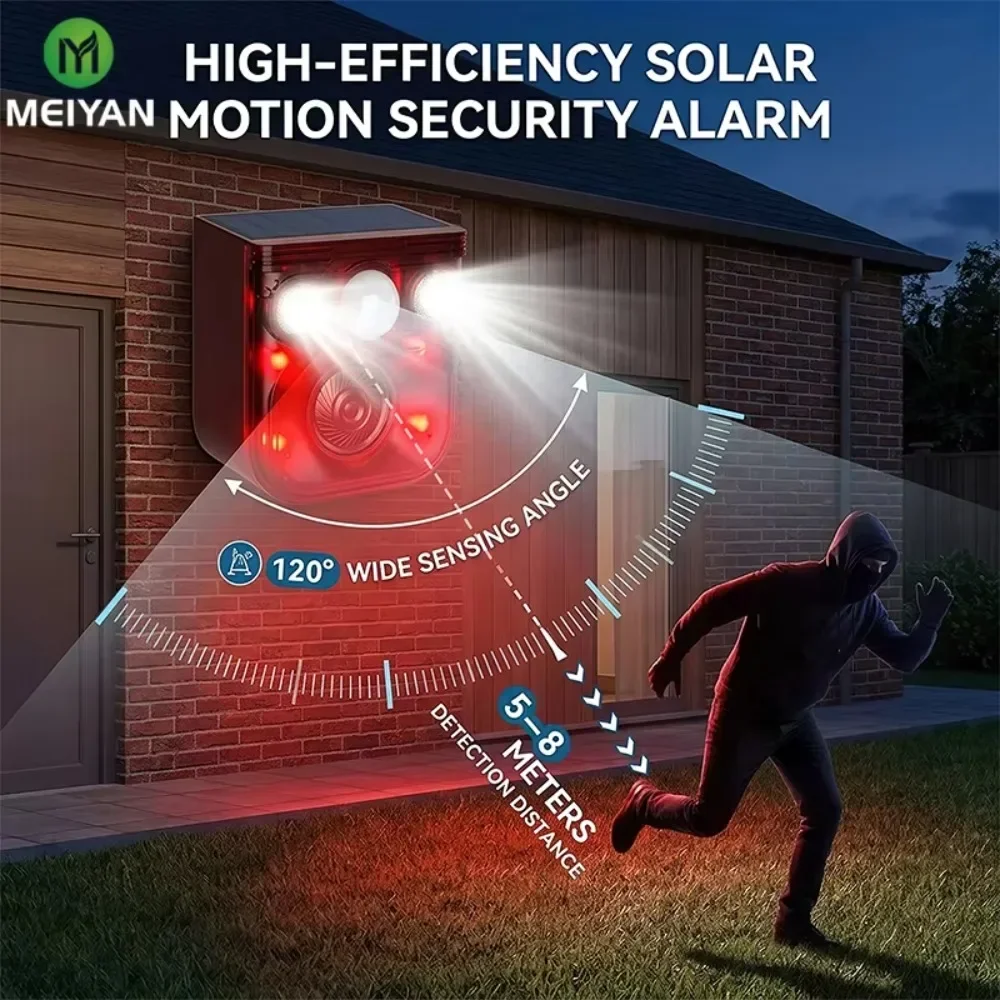 Solar Garden Animal Deterrent Alarm with 10 Selectable Sounds 120dB Siren PIR Motion Sensor Red and White LED Flashing Lights USB-C Rechargeable IP55 Weather Resistant for Outdoor Yard Farm Orchard with Day and Night Alarm Modes Ground Stake or Wall Mount