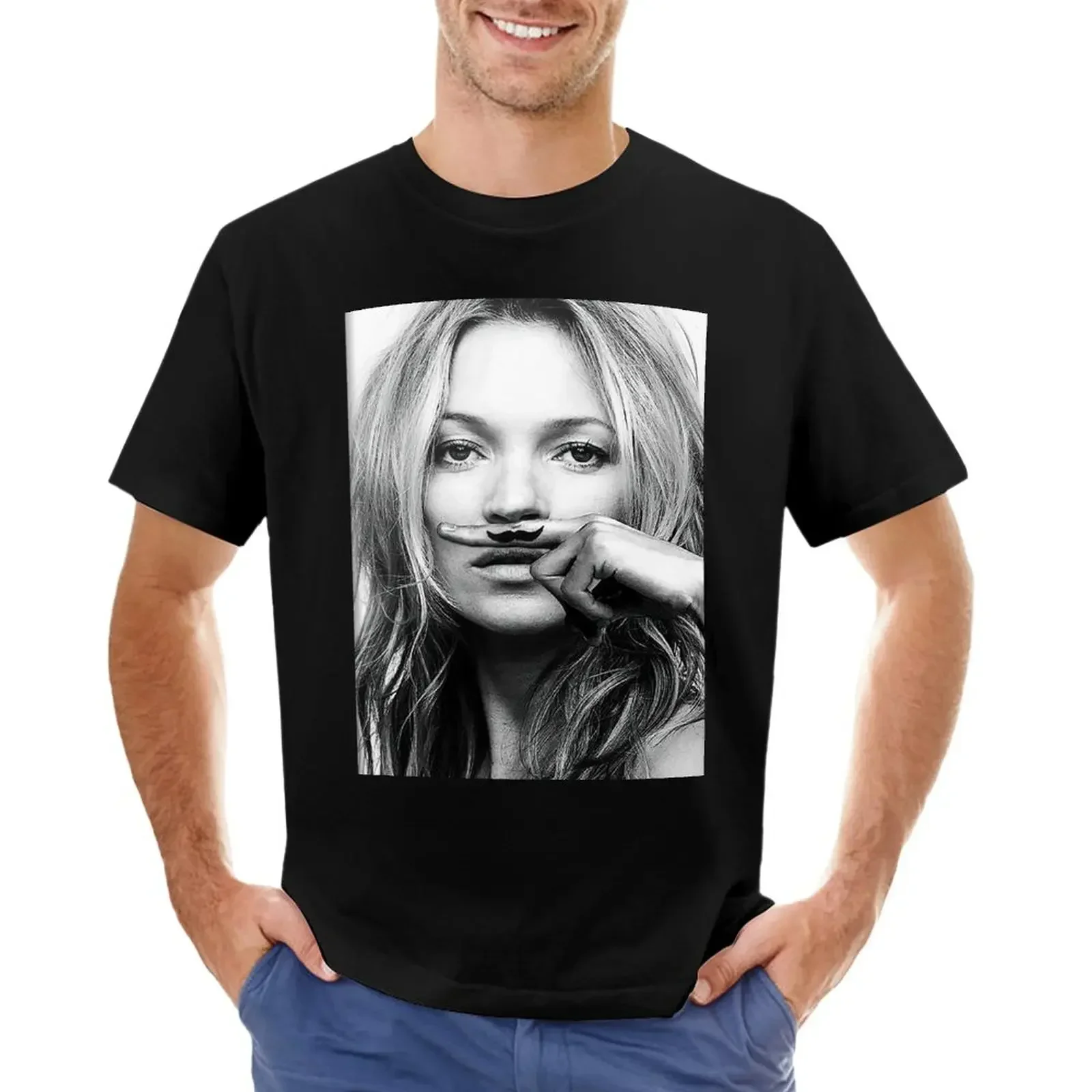 Kate Mustache Moss Black and White Photograph T-Shirt customs cotton mens graphic t-shirts hip hop Short Sleeve Round Collar