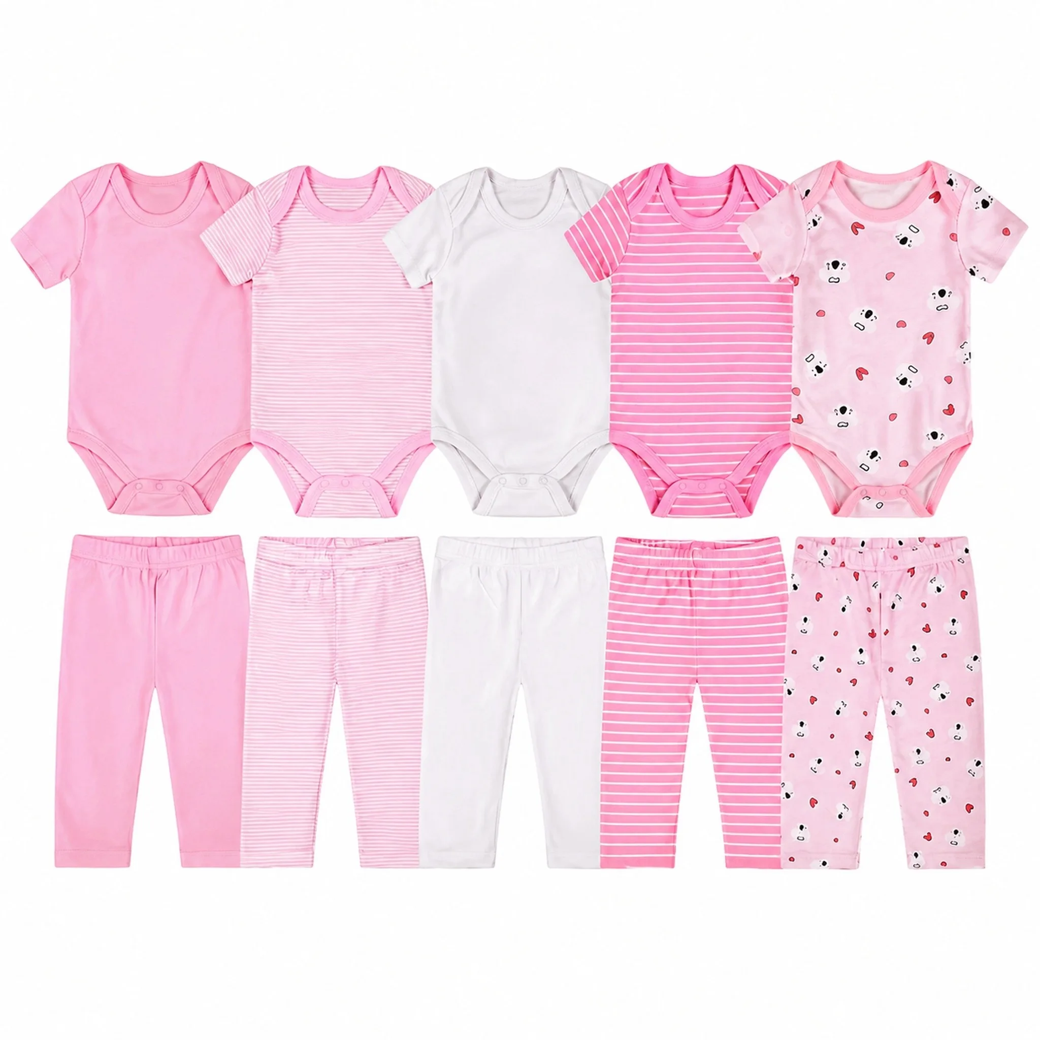 JY.COZY 10-Pack Newborn Baby Girl Layette Essentials Giftset Infant Short Sleeve Bodysuit and Pants Set Soft Cotton No Zipper Snap Closure Machine Washable Clothes for Home Sleep Outing Pink White Stripe Bear Heart