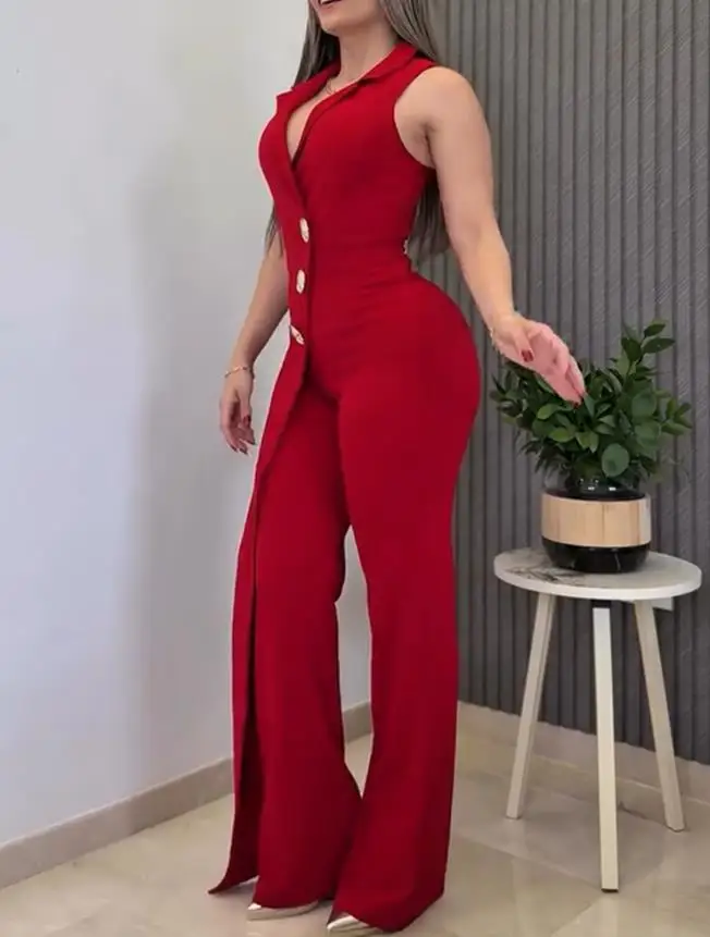 

Jumpsuit Woman Sexy Button Decor Notched Collar Overlap V-Neck Sleeveless Wrap Front Overalls Casual Zipper Back Long Jumpsuit